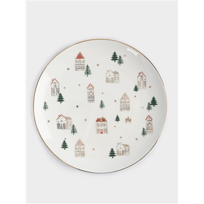 Тарелка обеденная, 27 см, фарфор N, бело-золотистая, Домики и ели, Townlet