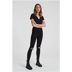 CROSS JEANS Judy Siyah Yüksek Bel Dizi Kesikli Skinny Fit Jean Pantolon C 4521-012