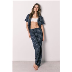 Pijama camisero algodón azul estampado cuadros