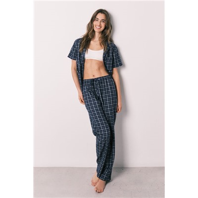 Pijama camisero algodón azul estampado cuadros