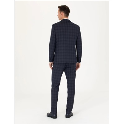 Lacivert Ekose Ekstra Slim Fit Yün Karışımlı Takım Elbise