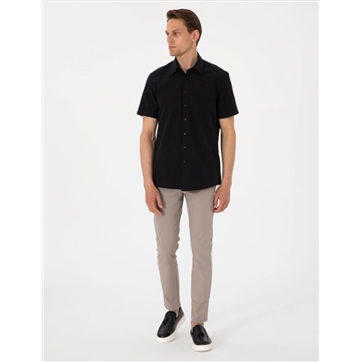 Siyah Basic Regular Fit Kısa Kollu Cepli Gömlek