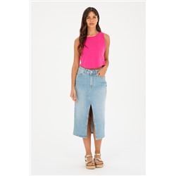 Kadın Fuşya Bisiklet Yaka Crop Basic Tişört