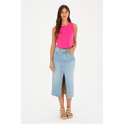 Kadın Fuşya Bisiklet Yaka Crop Basic Tişört