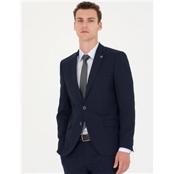 Lacivert Slim Fit Çizgili Takım Elbise