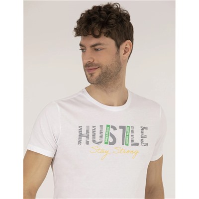 Beyaz Slim Fit Baskılı Bisiklet Yaka Tişört
