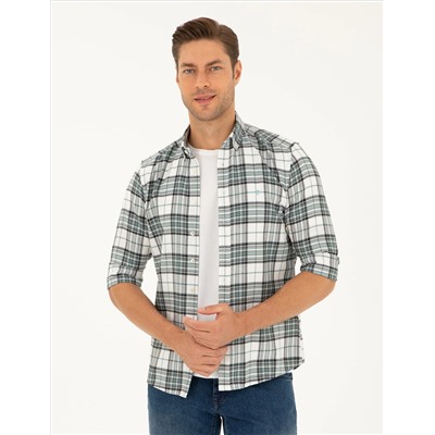 Su Yeşili Ekose Slim Fit Uzun Kollu Gömlek