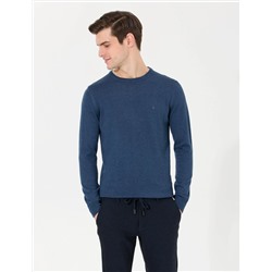 İndigo Melanj Slim Fit Bisiklet Yaka Basic Triko Kazak