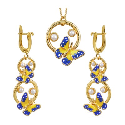 Комплект: кулон, серьги (эмаль желтая, синяя, жемчуг белый; покрытие: золото)