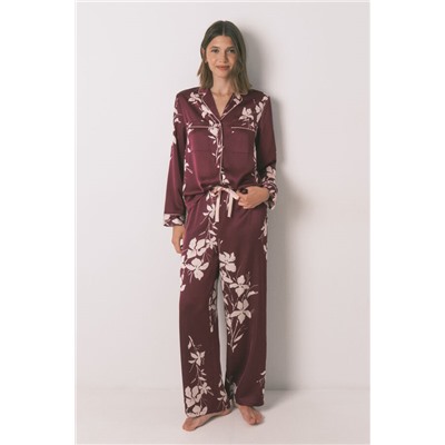 Pijama camisero largo floral granate