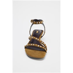 SPLIT SUEDE STUDDED KITTEN HEEL SANDALS