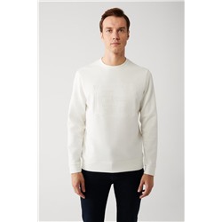 Beyaz İnterlok Kumaş Bisiklet Yaka Slogan Gofre Baskılı Regular Fit Standart Kesim Sweatshirt