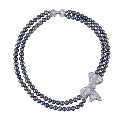 Колье (жемчуг бензиновый 8мм, белый фианит; покрытие родий) 45см, Есть комплект