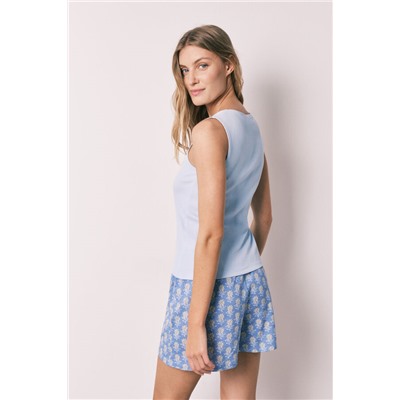 Pijama corto algodón azul escote cuadrado