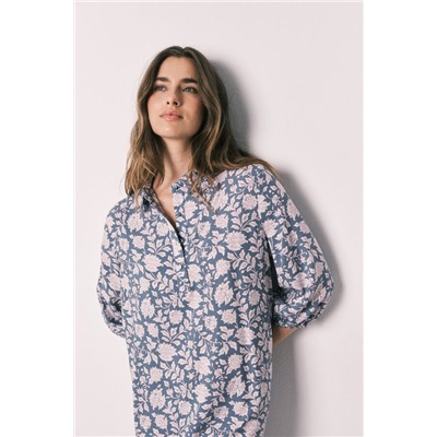 Camisola larga viscosa estampado flores rosa