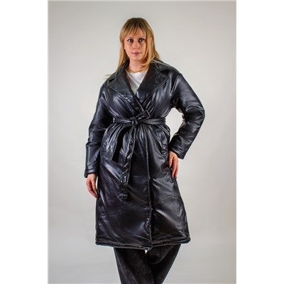 Стеганое теплое пальто из экокожи, арт.355