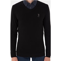 Erkek Slim Fit V Yaka Siyah Basic Kazak
