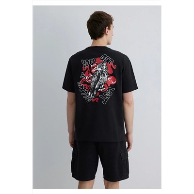 Mavi Baskılı Siyah Tişört Loose Fit / Bol Rahat Kesim 0612809-900