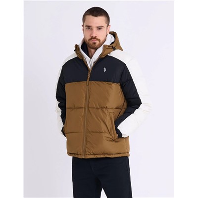 TRI COLOR BLOCK HOODED PUFFER JACKET