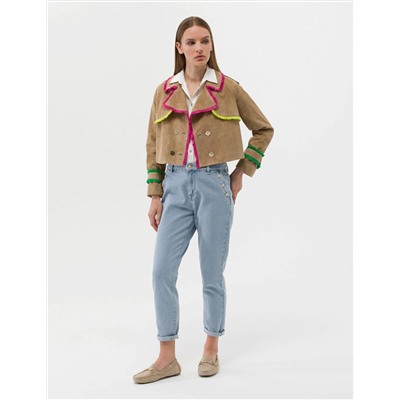Krem Crop Top Deri Ceket