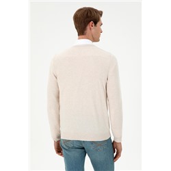 Erkek Slim Fit V Yaka Krem Melanj Basic Kazak