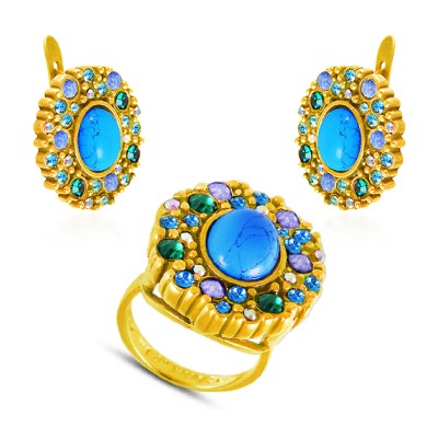 Комплект (бирюза, кристаллы микс; покрытие золото)