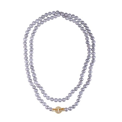 Колье (жемчуг серо-голубой 8-9мм, фианиты; покрытие золото) 160см