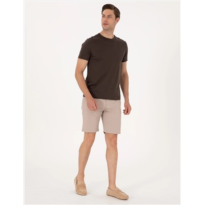 Bej Slim Fit Dokuma Şort