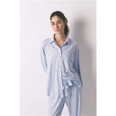 Pijama camisero largo azul estampado puntos