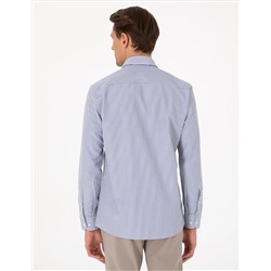 Mavi Slim Fit Çizgili Uzun Kollu Gömlek