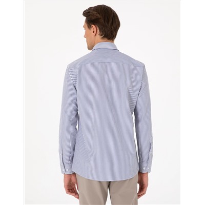 Mavi Slim Fit Çizgili Uzun Kollu Gömlek