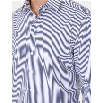 Mavi Slim Fit Çizgili Uzun Kollu Gömlek