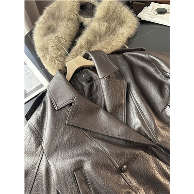 Теплая женская кожаная куртка в ретро стиле со съёмным воротником  ZAR*A 💤