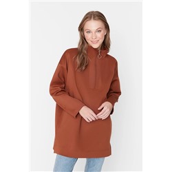 TRENDYOL MODEST Kahverengi Fermuar Detaylı Dalgıç/Scuba Düz Örme Sweatshirt TCTAW23TW00198