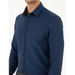 Lacivert Slim Fit Armürlü Uzun Kollu Gömlek