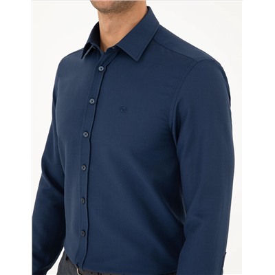 Lacivert Slim Fit Armürlü Uzun Kollu Gömlek