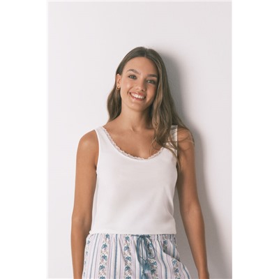 Camiseta tirantes algodón blonda blanco