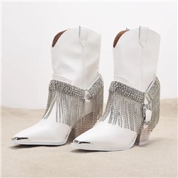 Крутые кожаные короткие сапоги с кисточками из страз на толстом каблуке в ковбойском стиле