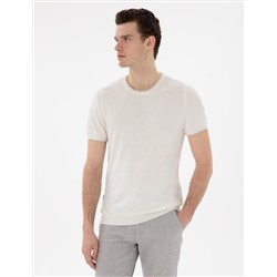 Ekru Slim Fit Bisiklet Yaka Triko Tişört