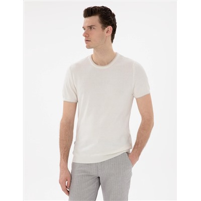 Ekru Slim Fit Bisiklet Yaka Triko Tişört