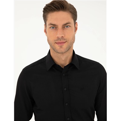 Siyah Slim Fit Armürlü Uzun Kollu Gömlek
