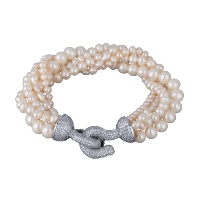 Браслет Течение (жемчуг белый 5-7мм, фианиты белые; покрытие родий) 20см, Есть комплект