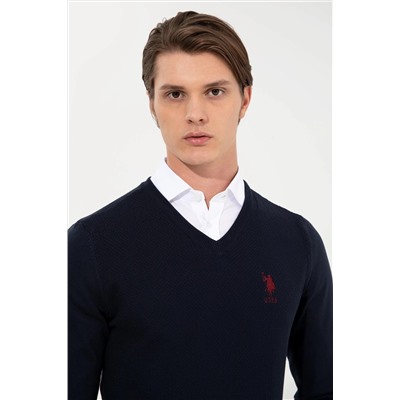 Erkek Lacivert V - Yaka Basic Triko Kazak