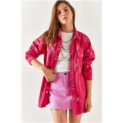 Olalook Kadın Fuşya Nakışlı Cepli Oversize Pamuk Gömlek Ceket CKT-19000347