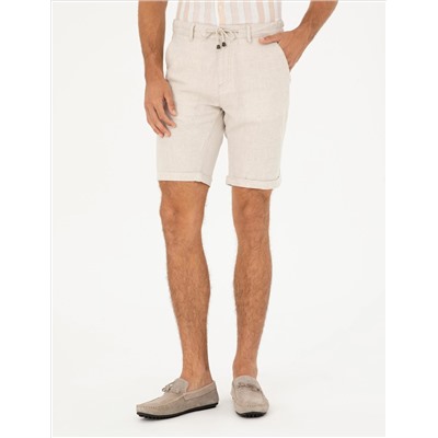 Bej Slim Fit Keten Karışımlı Dokuma Şort