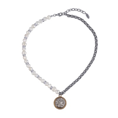 Колье Афродита (жемчуг белый 7-8мм; античное золото, античное серебро) 49см, Есть комплект