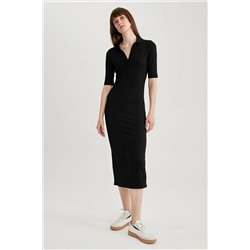 Defacto Bodycon Polo Yaka Fitilli Kaşkorse Midi Kısa Kollu Elbise A2096AX23SP
