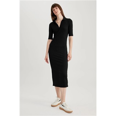 Defacto Bodycon Polo Yaka Fitilli Kaşkorse Midi Kısa Kollu Elbise A2096AX23SP