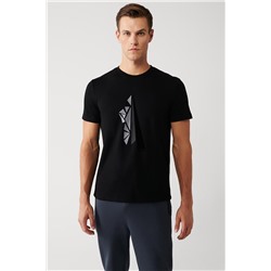 Siyah Bisiklet Yaka Kısa Kollu Flok Baskılı Regular Fit Standart Kesim T-Shirt