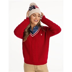 LADIES FLEECE LINED AMERICANA BEANIE WITH POM POM